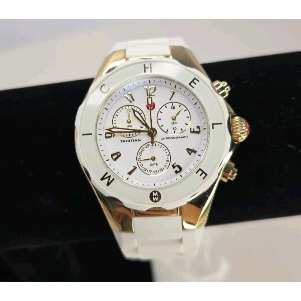 MICHELE JELLY BEAN TAHITIAN CHRONOGRAPH Watch GOLDTONE WHITE SILICONE BAND EUC
